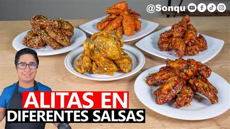 Infografía mostrando las diferentes porciones de alitas con sus respectivos acompañamientos y salsas.