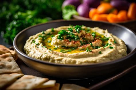 Plato de hummus cremoso con aceite de oliva y perejil