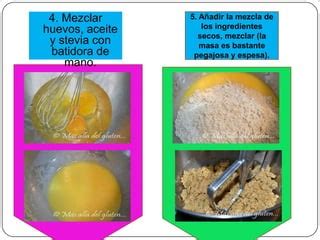 Infografía paso a paso mostrando la mezcla de ingredientes secos y el montaje de las claras de huevo.