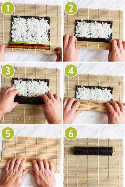 Diagrama paso a paso mostrando cómo enrollar un maki.