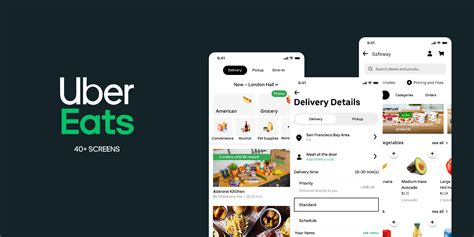 Ilustración de la interfaz de la app de Uber Eats mostrando opciones de compra de supermercado y seguimiento de pedidos.