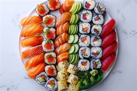 Fotografía profesional de una bandeja de sushi variado con diferentes tipos de cobertura como palta, sésamo y tempura.