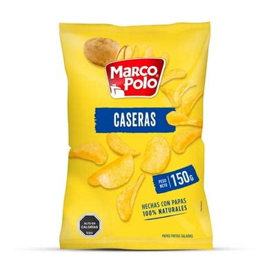 Foto de papas fritas Marco Polo Caseras en su empaque y algunas esparcidas
