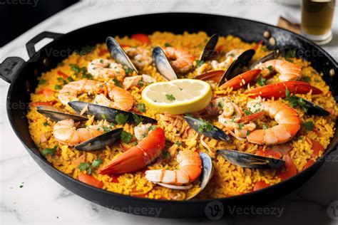 Imagen de una paella colorida con arroz, mariscos y diversas verduras como pimientos, guisantes y alcachofas.