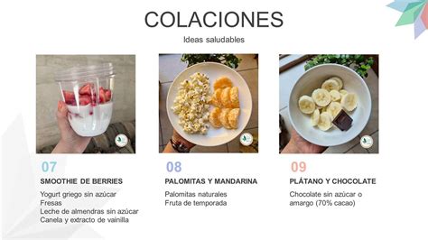 Infografía con ideas visuales de colaciones saludables: frutas, verduras, lácteos y cereales.