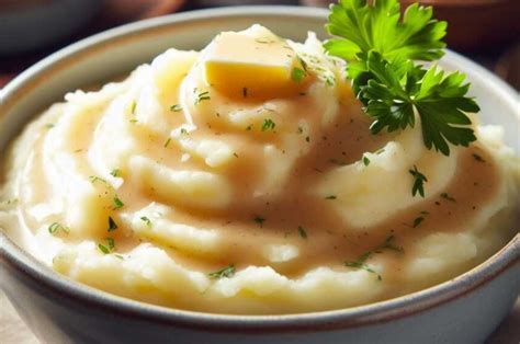 Plato servido de puré de papa cremoso coronado con trozos de tocino crujiente y hierbas frescas