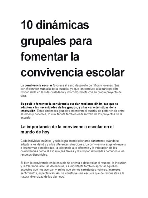 Infografía que resume las 10 dinámicas grupales para la convivencia escolar