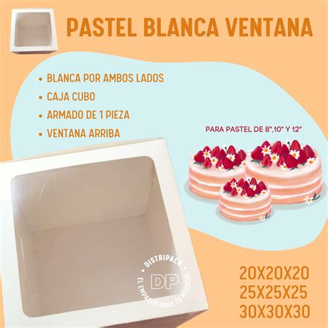 Fotografía de una caja de pastel con ventana transparente mostrando un pastel decorado