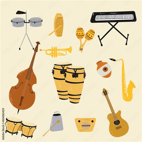 Esquema de los instrumentos fundamentales de la salsa: trompetas, piano, bajo, congas, timbales y cencerro.