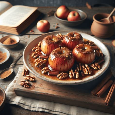 Plato de manzanas asadas con canela y nueces, lista para consumir