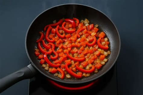Mezcla de ajíes y cebolla sofriéndose en sartén