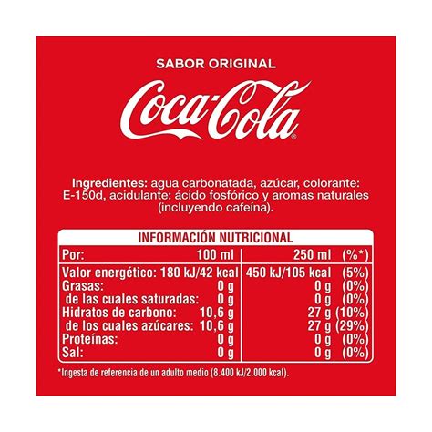 Esquema de los ingredientes principales de Coca-Cola: agua carbonatada, azúcar, cafeína, ácido fosfórico y saborizantes naturales.