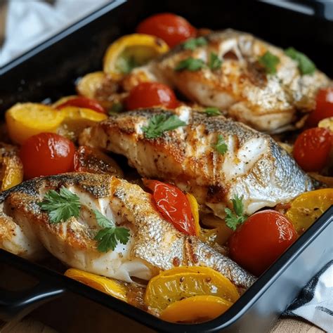 Fotografía de un plato de pescado al horno con vegetales frescos