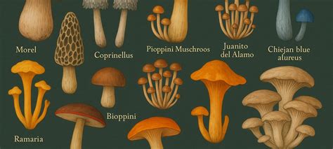ilustración de diferentes tipos de hongos comestibles chilenos (hongo del pino, changle, boletus)