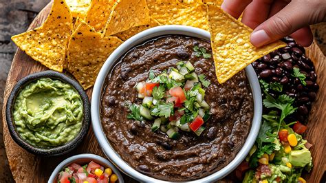 Plato de dip de frijoles negros servido con vegetales frescos y chips