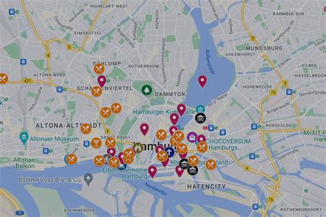 Mapa de Hamburgo con puntos de interés histórico relacionados con la alimentación