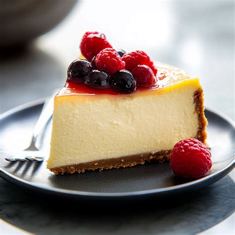 Fotografía de un cheesecake New York Style preparado, mostrando su textura densa y una cobertura de mermelada.