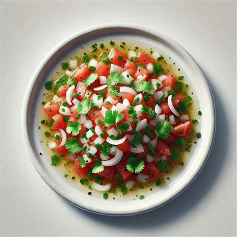 Ilustración de los ingredientes frescos del pebre: cebolla, tomate, cilantro, ají verde, limón y aceite de oliva.