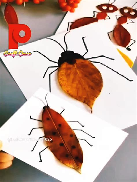 Colección de insectos hechos con hojas y otros elementos naturales.