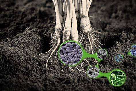 Micrografía o ilustración de microorganismos diversos en el suelo