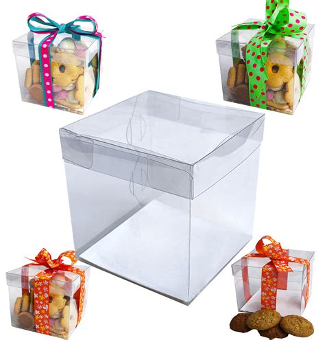 Caja de acetato transparente con tapa y base bicolor, ideal para mini tortas