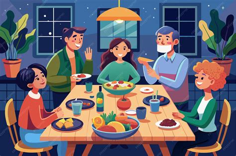 Ilustración de una familia compartiendo un almuerzo colorido y saludable.