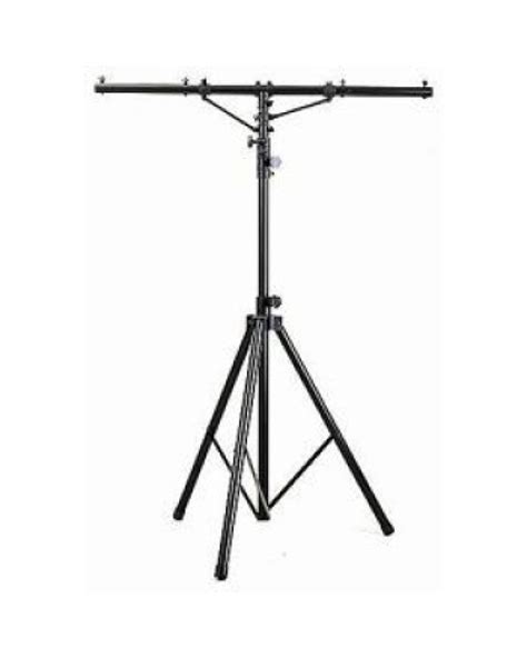 Esquema técnico de un atril de iluminación tipo trípode con barra T indicando puntos de carga y altura máxima