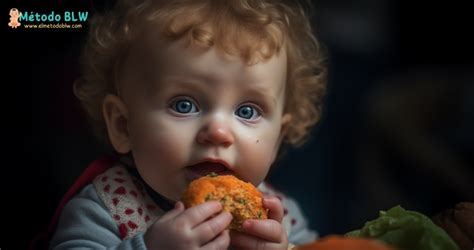 Bebé de 8 meses sujetando una hamburguesa de garbanzos y llevándosela a la boca.