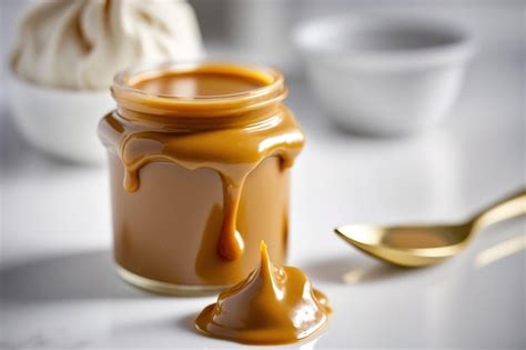 Fotografía gastronómica de un tarro de dulce de leche artesanal junto a una cuchara de madera