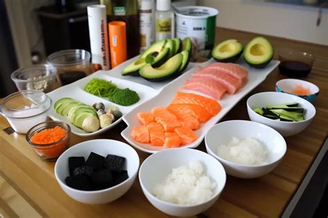 Esquema visual de los ingredientes principales para preparar un sushi fusionado con Doritos triturados