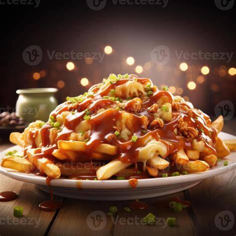 Fotografía gastronómica de un plato de Poutine con abundante queso y salsa.