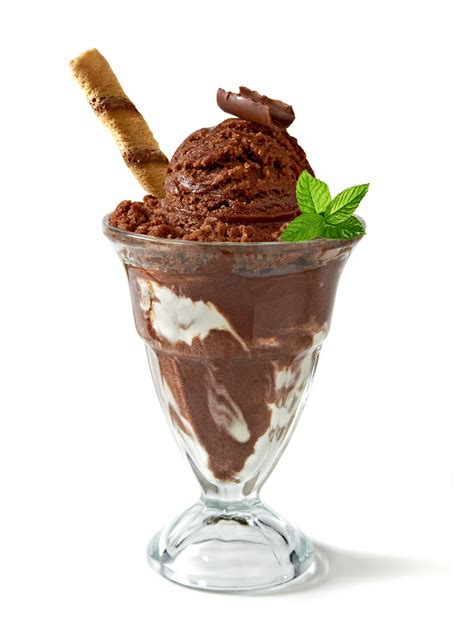 Fotografía detallada de una bola de helado de chocolate casero servida en una copa, decorada con barquillos y virutas de chocolate.