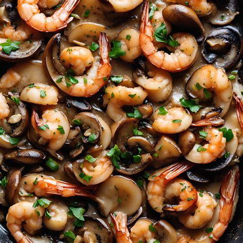 Fotografía de champiñones y camarones salteándose en una sartén