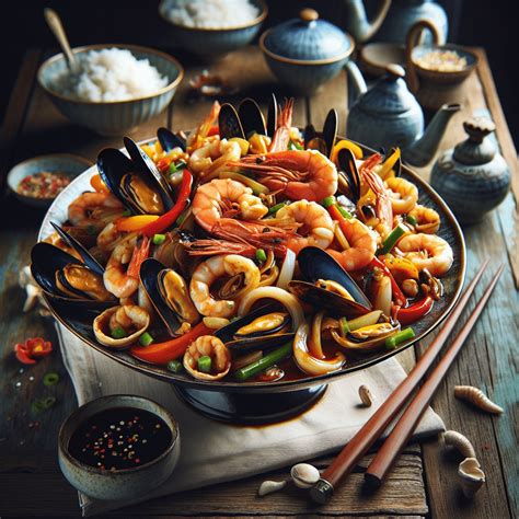 Plato final de reineta con salteado de mariscos y salsa bechamel, acompañado de arroz