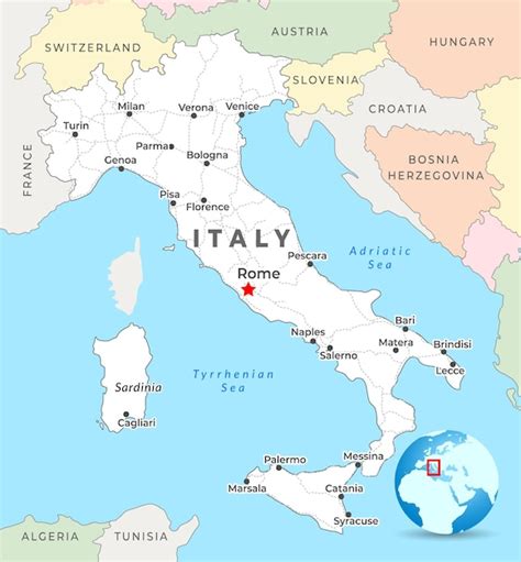 Mapa de Italia con enfoque en Roma, origen de la salsa Alfredo