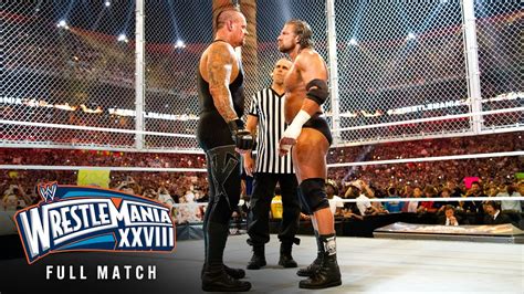 The Undertaker y Triple H en acción durante su combate Hell in a Cell en Wrestlemania XXVIII