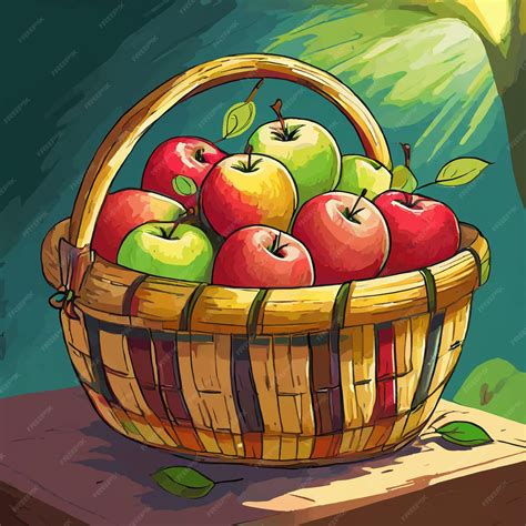 Ilustración de manzanas frescas en un cesto de mimbre, representando la abundancia de temporada.