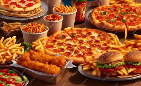 Ilustración de una mesa variada con pizzas, burritos, papas fritas y hamburguesas