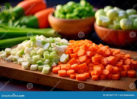 Ilustración de las zanahorias, cebolla y apio picados antes de freír