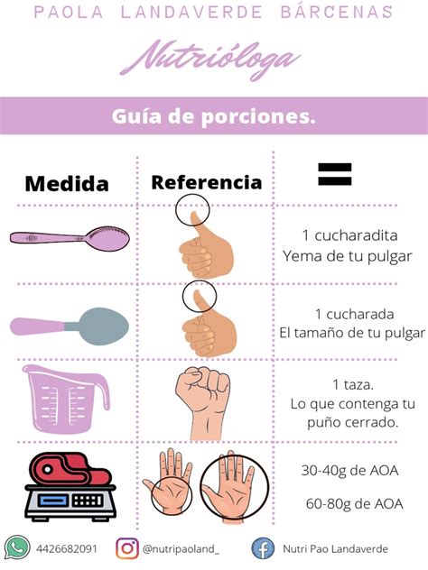 Infografía de las medidas caseras utilizando manos y objetos cotidianos para diferentes alimentos (carnes, lácteos, snacks, etc.)