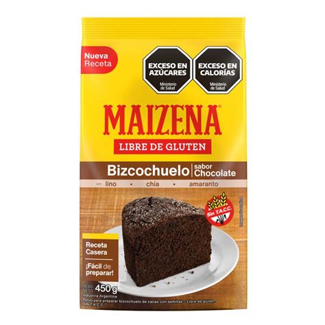 Infografía comparativa de las características de la premezcla Maizena Bizcochuelo de Chocolate: libre de gluten, apta para celíacos, sabor chocolate, ingredientes principales.