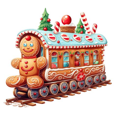 Ilustración de un tren de galletas navideño decorado con glaseado y caramelos.