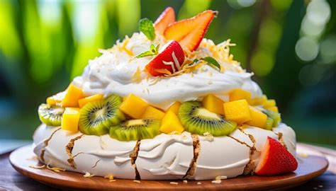 Pavlova de maracuyá decorada con frutas