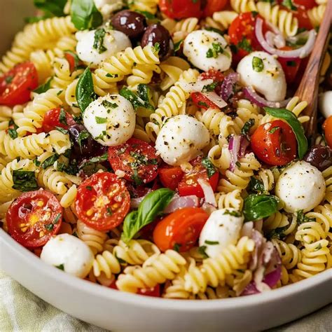 Primer plano de una ensalada de pasta colorida con tomate y mozzarella.