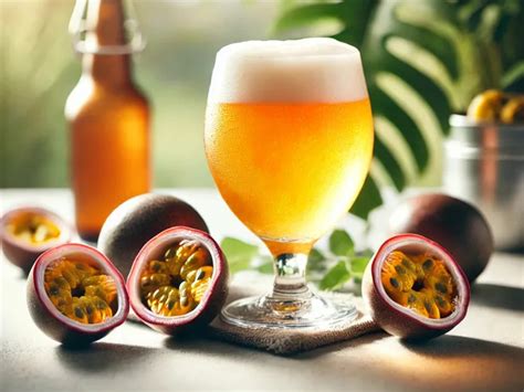 Vaso de cerveza IPA con maracuyá, decorado con rodajas de fruta y espuma cremosa en un entorno veraniego