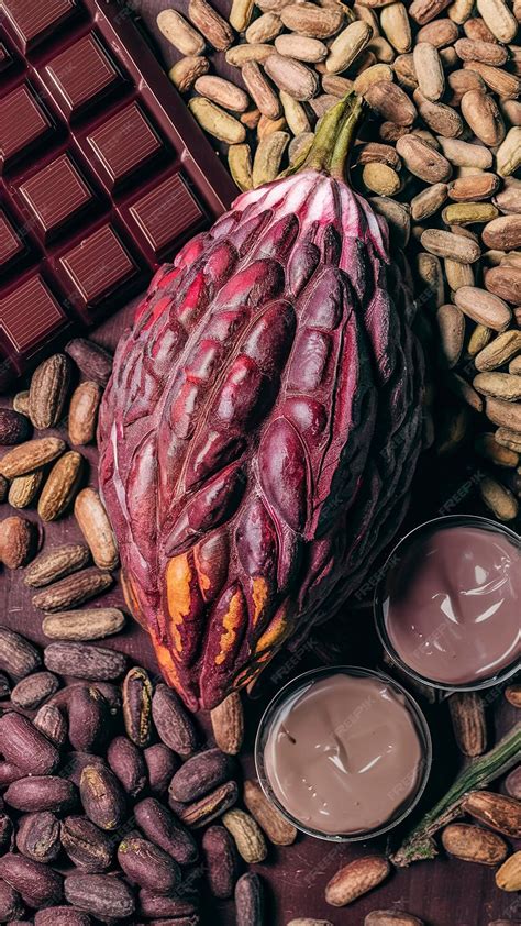 Frutos de cacao frescos y secos, junto a granos de café tostado.