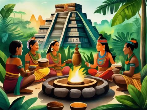 Ilustración de una ceremonia antigua con cacao en Mesoamérica.
