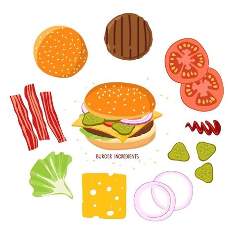 Ilustración de hamburguesa kawaii con todos los ingredientes apilados (sin pan inferior)