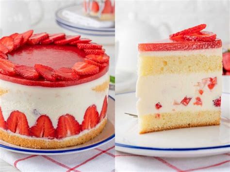 Ilustración de una Tarta Fraisier clásica con fresas frescas y crema, mostrando su distintiva capa superior de fresas y bizcocho.