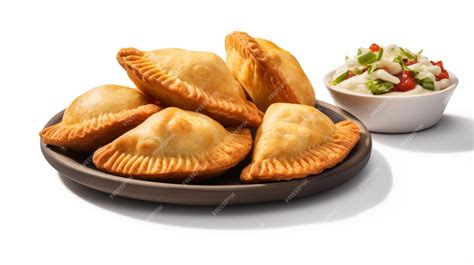 Fotografía de primer plano de empanadas de sierra fritas y papas rellenas artesanales.
